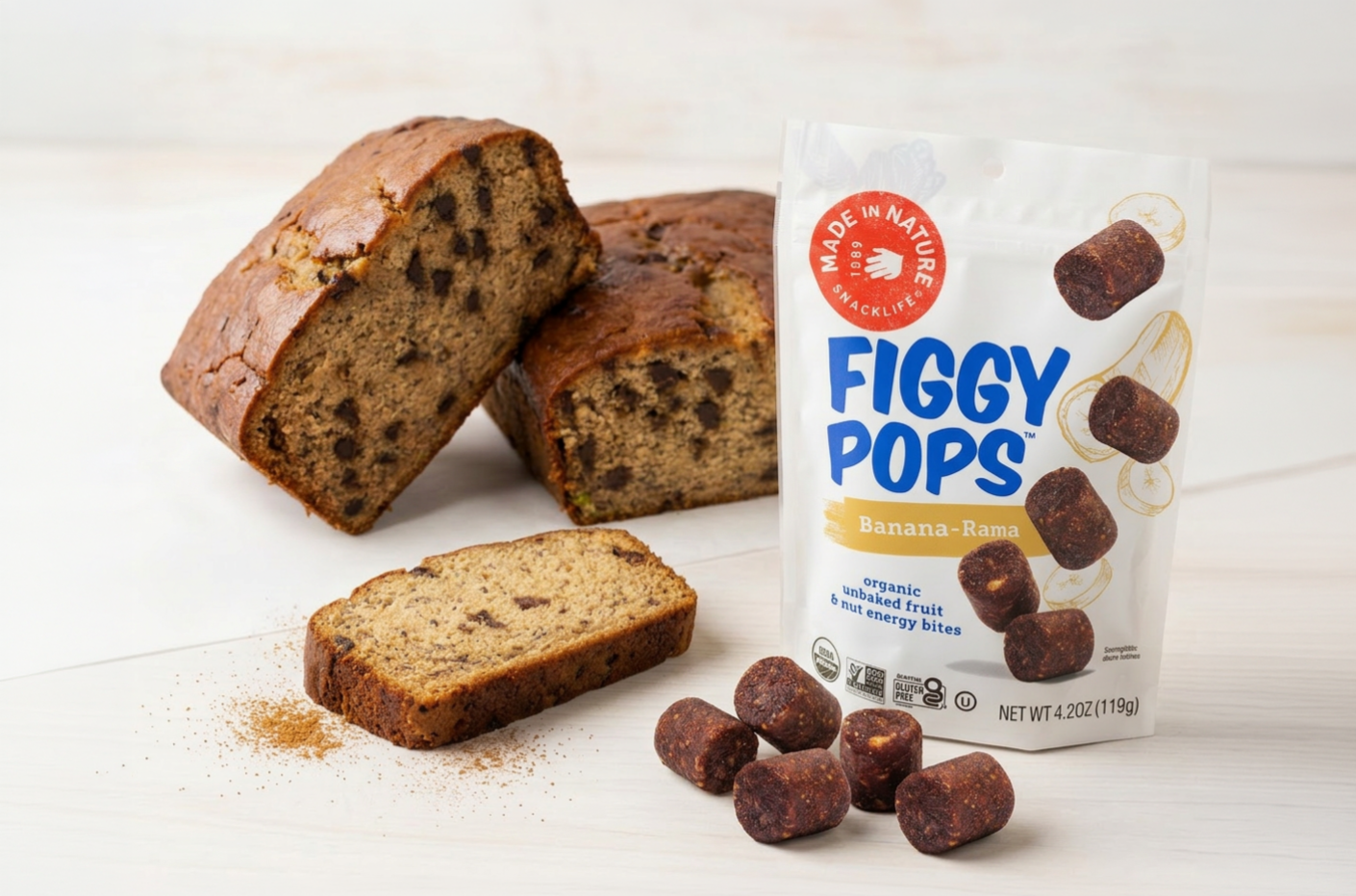 Banana bread next to Figgy Pops package
