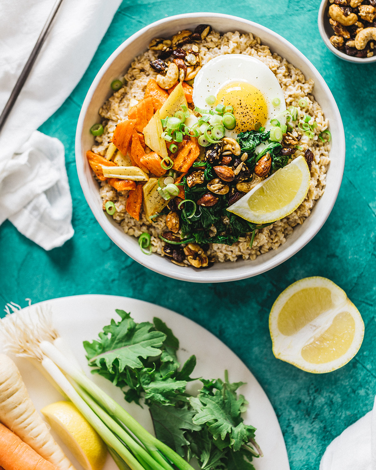 Fall breakfast bowl with root vegetables and winter greens