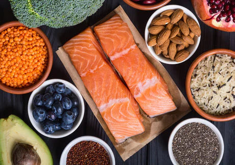 salmon with food around