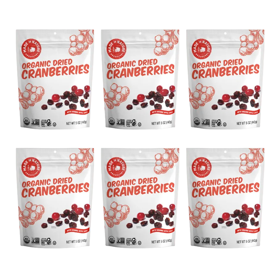 Six pouches of organic dried cranberries