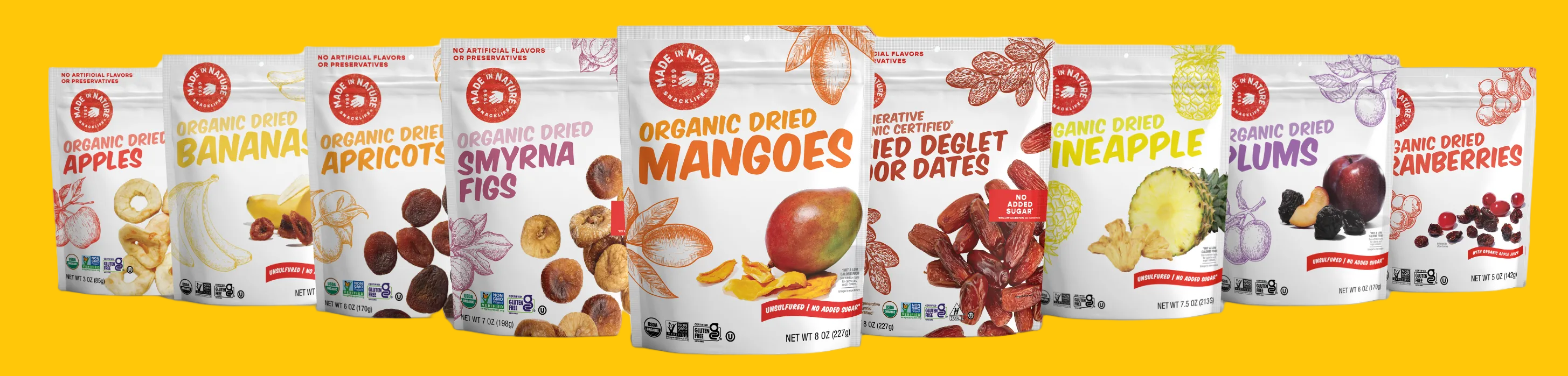 A row of snack pouches full of various dried fruits.
