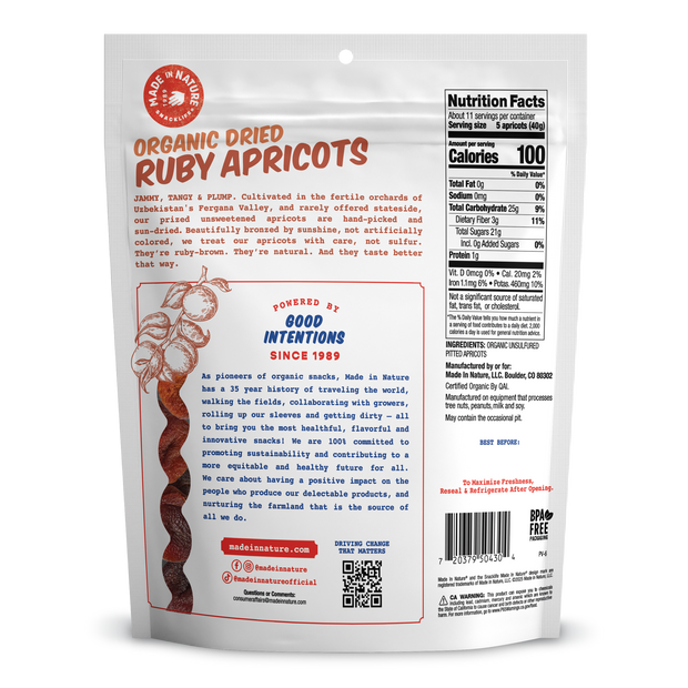 Back view of a Made in Nature organic dried ruby apricots package with text and branding.