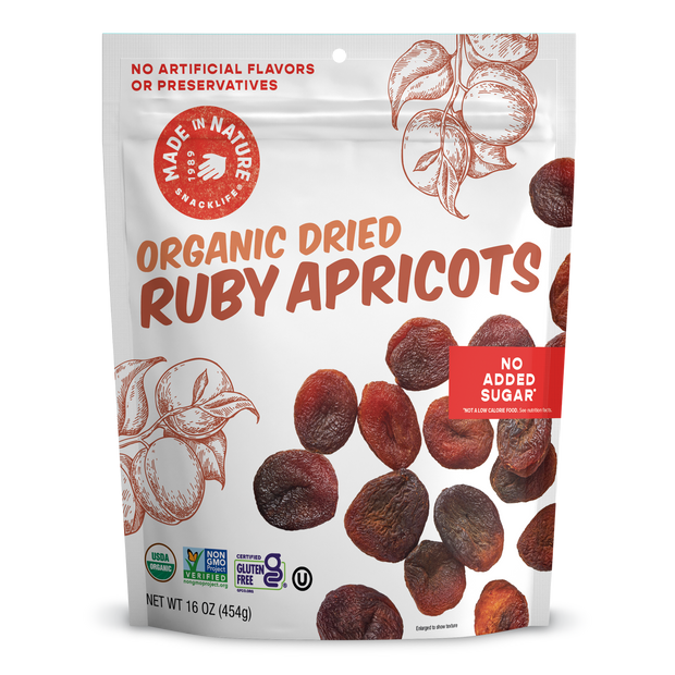 Package of organic dried ruby apricots with branding and nutritional information on a white background