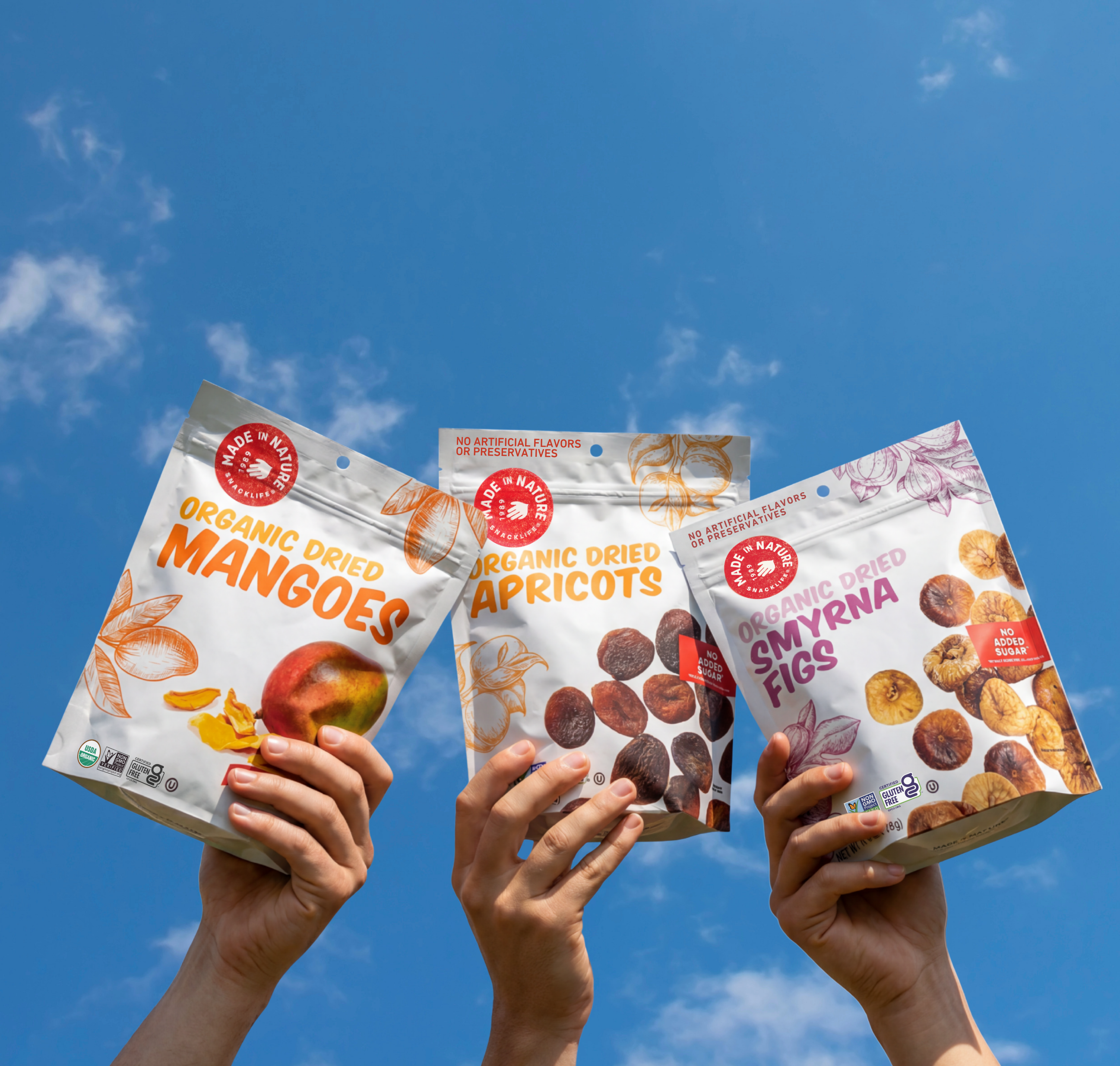 Three packages of dried fruits held up against a blue sky