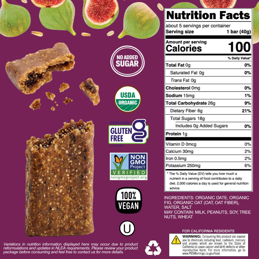 Nutrition facts label and packaging of a fig bar with visible ingredients and certifications.