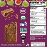 Nutrition facts label and packaging of a fig bar with visible ingredients and certifications.
