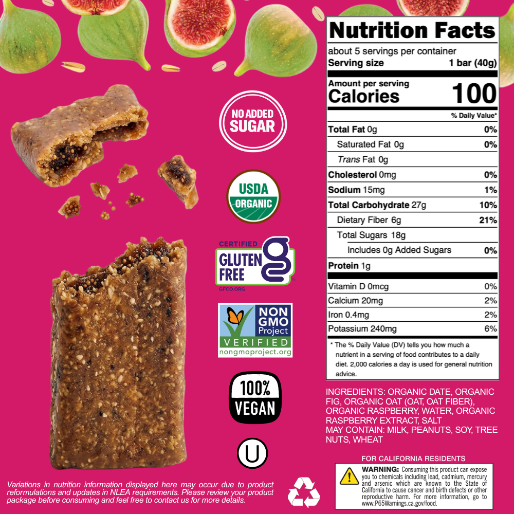 Nutrition facts label and packaging of a vegan, gluten-free, organic snack bar with figs on a pink background.