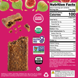 Nutrition facts label and packaging of a vegan, gluten-free, organic snack bar with figs on a pink background.