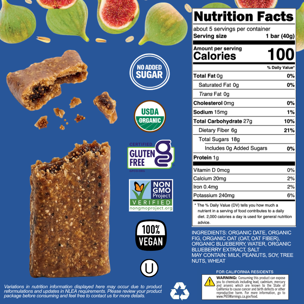 Nutrition facts label and packaging of a vegan, gluten-free, organic snack bar with figs on a blue background.
