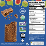 Nutrition facts label and packaging of a vegan, gluten-free, organic snack bar with figs on a blue background.