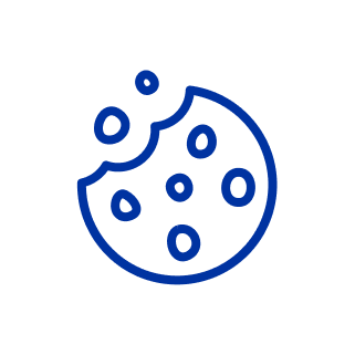 White circle with a blue illustration of a cookie with a bite taken out of it