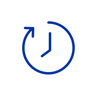 White circle with a blue illustration of a a clock showing 8 o'clock