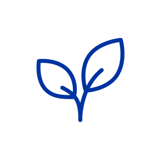 White circle with a blue illustration of a small sprouting plant