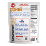 Back of a package of organic dried apricots with branding and nutritional information.