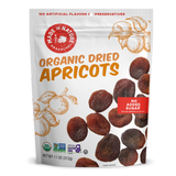 Package of organic dried apricots with branding and nutritional information on a white background