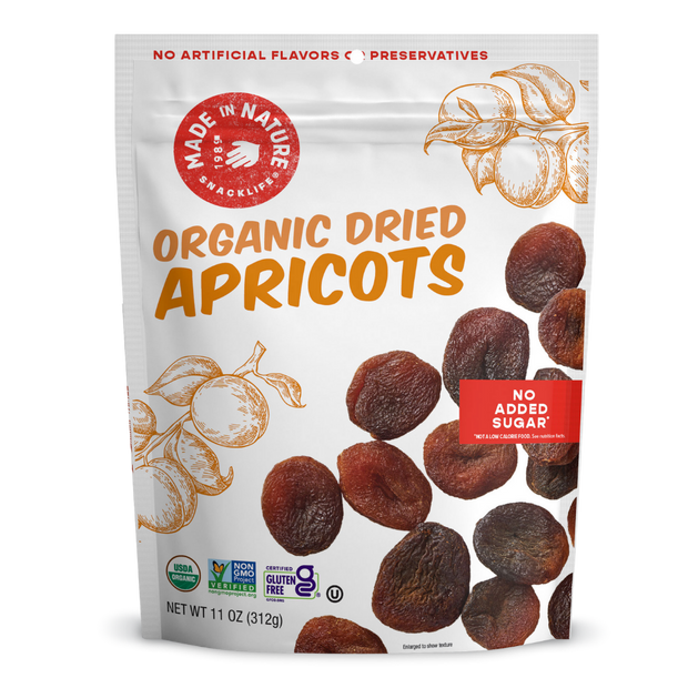 Package of 11oz organic dried apricots with branding and nutritional information on a white background