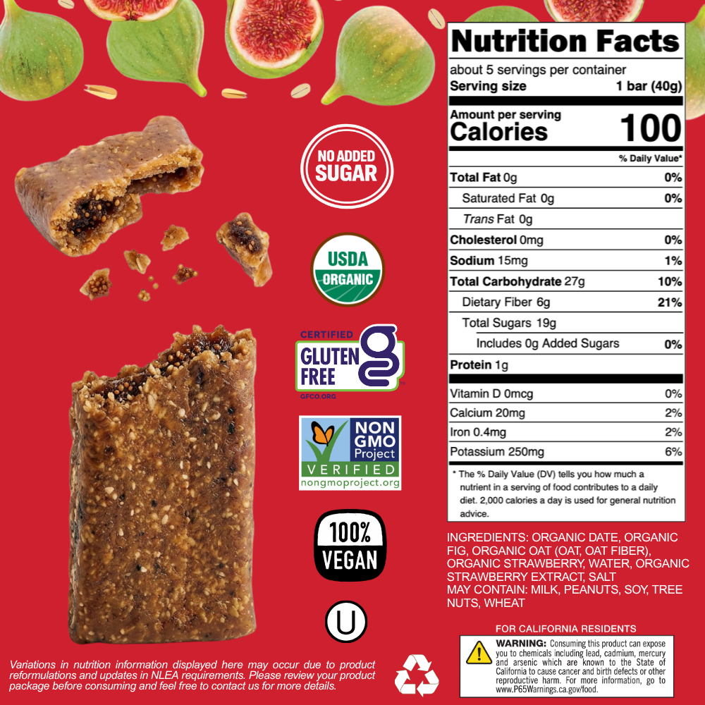 Nutrition facts label and packaging of a vegan, gluten-free snack bar with figs on a red background.