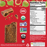 Nutrition facts label and packaging of a vegan, gluten-free snack bar with figs on a red background.